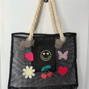 Black Mesh Tote Bag with Embroidered Patches